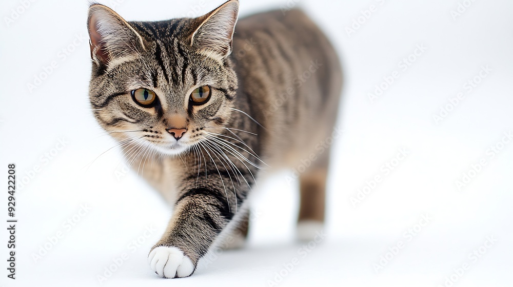 Poster tabby cat walking on white background isolated : generative ai