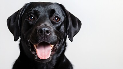 Closeup of a Happy panting black Labrador dog looking at the camera isolated on white Remastered : Generative AI
