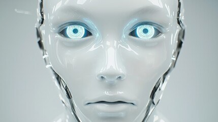 Close-up portrait of a white robot face with blue glowing eyes, conveying a sense of artificial intelligence and futuristic technology