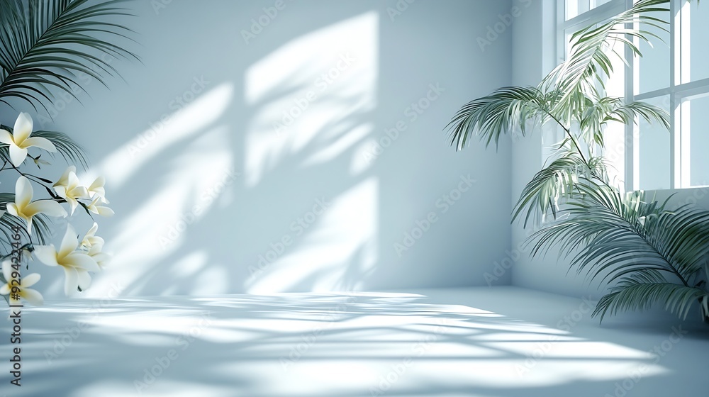 Poster abstract white studio background for product presentation empty room with shadows of window and flow