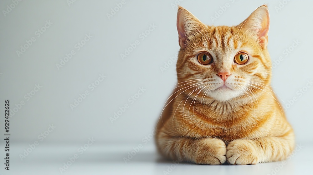 Poster A cat with a yellow face is sitting on a white background The cat has a very cute and friendly expression : Generative AI