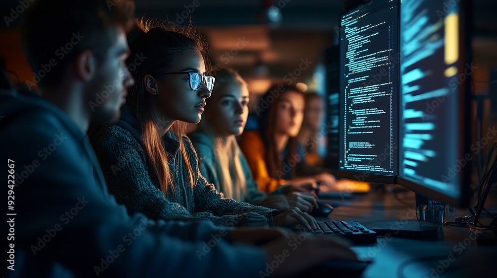 Leinwandbilder Teacher Giving Computer Science Lecture to Diverse Multiethnic Group of Female and Male Students in Dark College Room Projecting Slideshow with Programming Code Explaining Information  : Generative AI