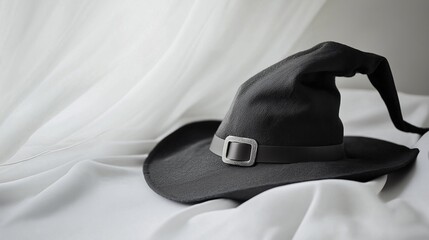 Spooky black witch hat with a silver buckle on white fabric, setting a festive halloween atmosphere. Perfect for costume parties and autumn events