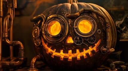 Steampunk-inspired halloween pumpkin with glowing eyes and intricate cogs and gears, creating a festive and eerie atmosphere