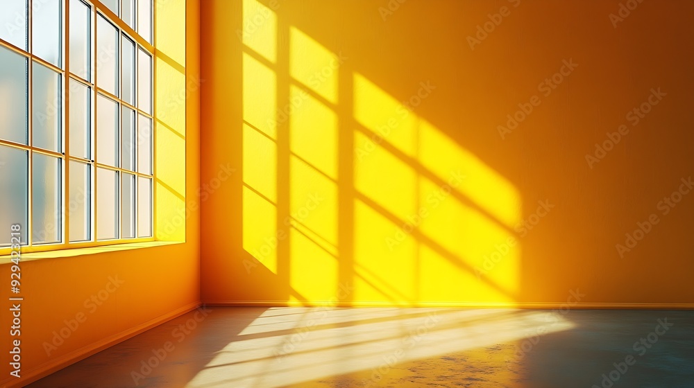 Poster Yellow room corner with crossing windows shadows Minimalistic space concept : Generative AI