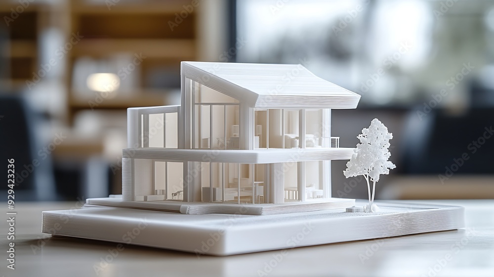 Poster Model of the house printed on a 3D printer with white filament by FDM technology for architectural use : Generative AI