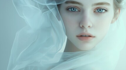 Young woman with blue eyes is covered in white fabric, creating a mysterious and dreamy atmosphere. Her elegant style and soft makeup enhance her natural beauty