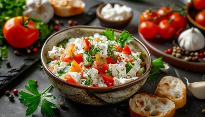 Salad of feta cheese and tomatoes with pepper.