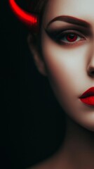Get ready for a spooky halloween with a closeup of a woman wearing red devil horns and bold makeup, exuding a seductive vibe against a dark background