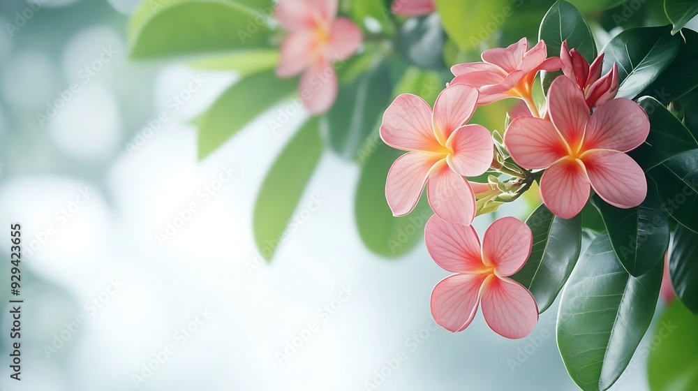 Poster in selective focus a tropical flower tree with leaves and branches on white isolated background for 