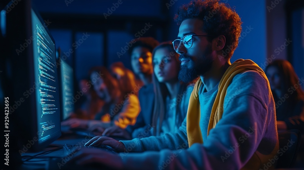 Poster Teacher Giving Computer Science Lecture to Diverse Multiethnic Group of Female and Male Students in Dark College Room Projecting Slideshow with Programming Code Explaining Information  : Generative AI