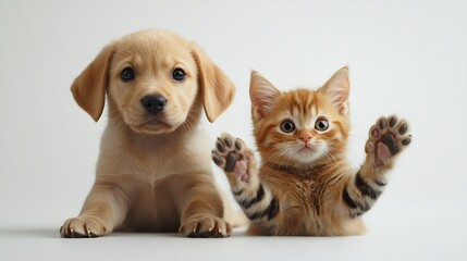 Portrait of an adorable Labrador puppy and Scottish Straight kitten waving their paws isolated on a white background : Generative AI