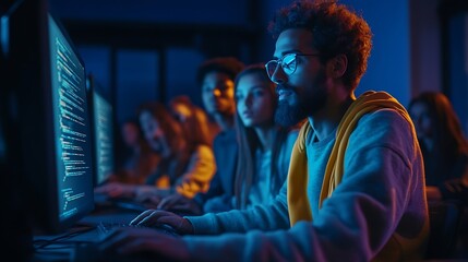 Fototapeta premium Teacher Giving Computer Science Lecture to Diverse Multiethnic Group of Female and Male Students in Dark College Room Projecting Slideshow with Programming Code Explaining Information : Generative AI