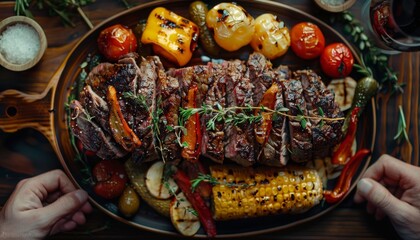 Fototapeta premium Juicy steak with grilled vegetables and then fried, meat dinner with fried vegetables.