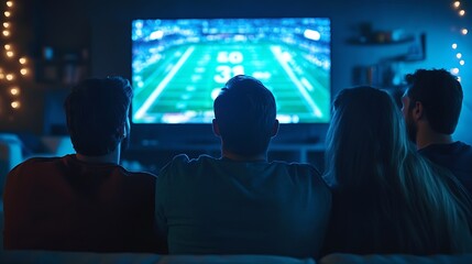 Obraz premium Live stream game Group of friends sitting in front of huge 3D model of TV screen at home interior and watching online broadcast of american football match Presence effect : Generative AI
