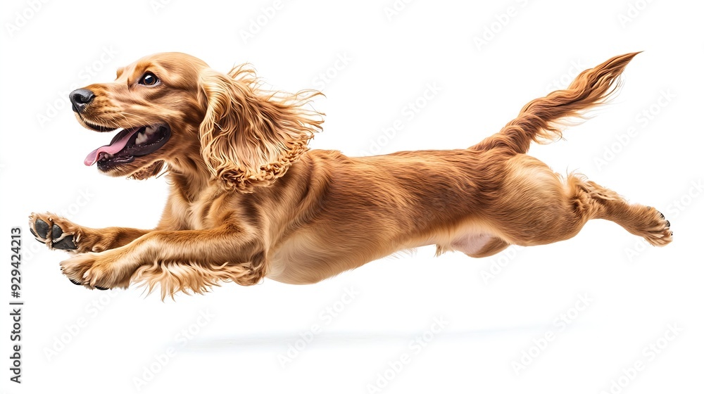 Poster active pet purebred dog english cocker spaniel in motion playing running isolated on white backgroun