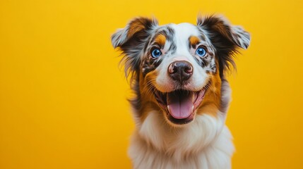 Fototapeta premium Red merle Happy dog blue eyed panting against yellow background : Generative AI