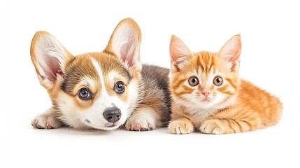 Obraz premium Cute Welsh corgi puppy and a red kitten sit together on a white background isolated on a white background : Generative AI