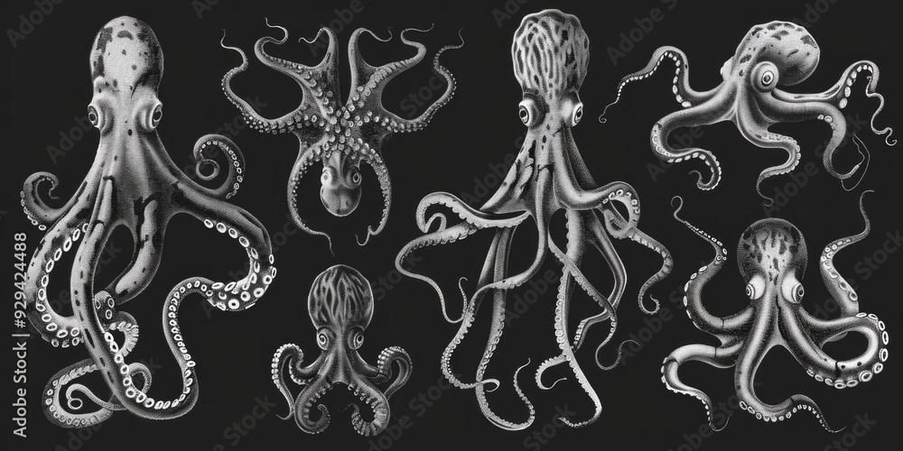 Poster A simple black and white drawing of multiple octopuses