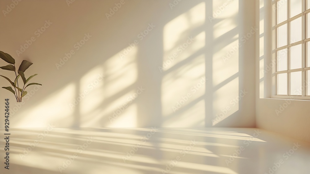 Fototapete beige studio background for product presentation shadow of window and sunlight on empty room white w