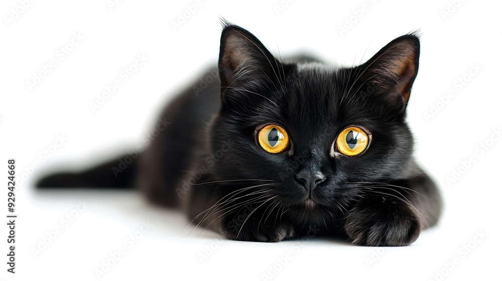 Poster a black cat with yellow eyes is sitting on a white background the cats eyes are wide open giving it 
