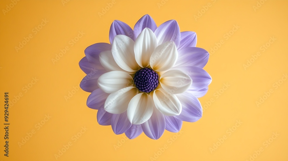 Poster beautiful fresh white and purple dahlia flower falling in the air isolated on yellow background levi