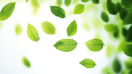 Flying green leaves on white background Fresh spring foliage Environment and ecology backdrop : Generative AI