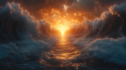 Fototapeta premium epic biblical scene of parting ocean waves divine light illuminating path aweinspiring scale