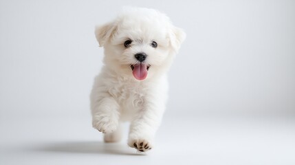 happy small bichon puppy sticking out tongue and panting while walking in front of white background in studio : Generative AI