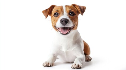 Adorable happy dog purebred Jack Russell Terrier sitting and looking with happy smiling muzzle isolated on white studio background Concept of domestic animal pet veterinary care compan : Generative AI