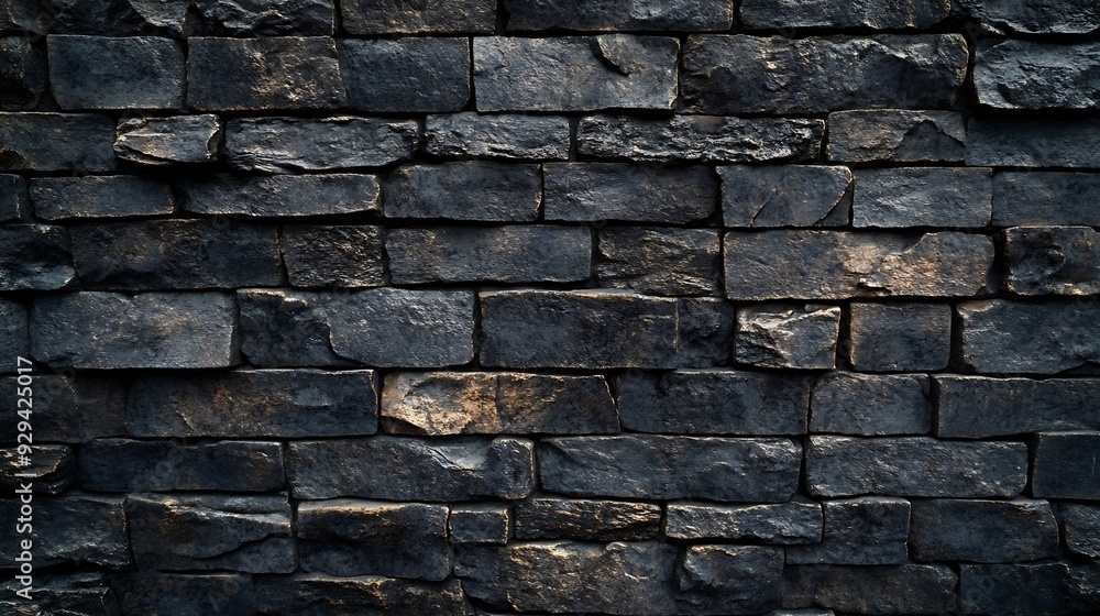 Poster Dark brick wall pattern with chaotic masonry order Background texture or resource for 3d texturing Many bricks in big modern stone wall in full frame : Generative AI