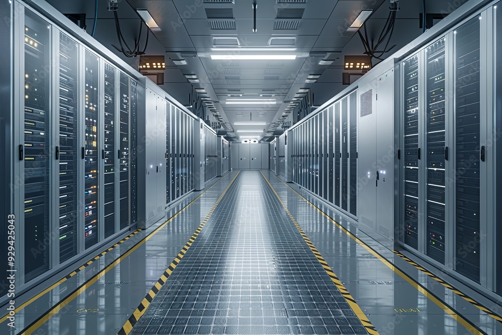 Poster rows of servers line a well-lit corridor in a data center during the evening hours. generative ai