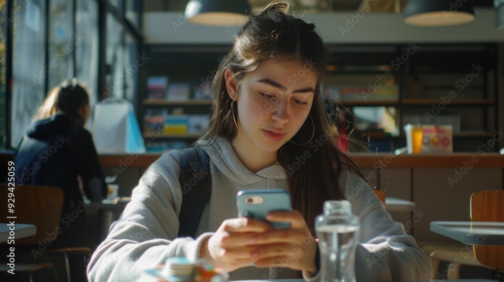 Poster A person sitting at a table with their smartphone, likely checking messages or browsing the internet