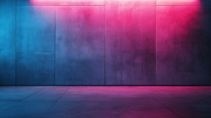 Dark three dimensional room with concrete wall and floor and pink and blue lighting Empty modern urban background for mock up or product display : Generative AI