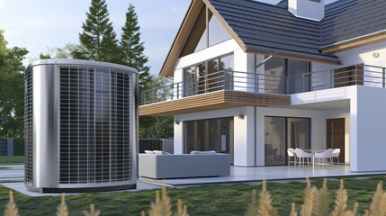 Fototapeta premium A modern house with a heat pump in the garden, showcasing contemporary architecture and outdoor living.