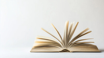 Open book with pages fanned out on a white background, signifying knowledge and exploration.