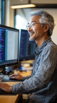 An older man is deeply engaged in coding at his workstation with several monitors around him