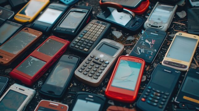 Old cell phones stacked on top of each other, a collection of outdated technology