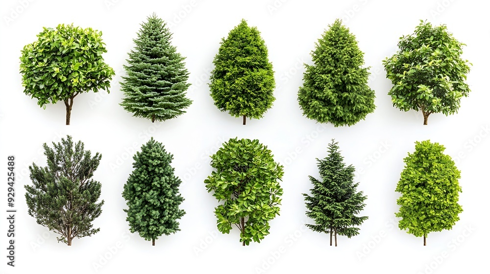 Poster different green trees and plants on white background : generative ai