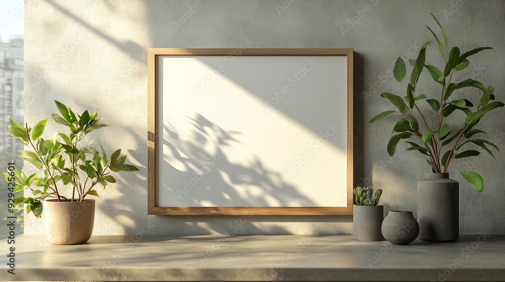 Aufkleber interior poster mock up with horizontal empty wooden framescandinavian style3d rendering : generativ