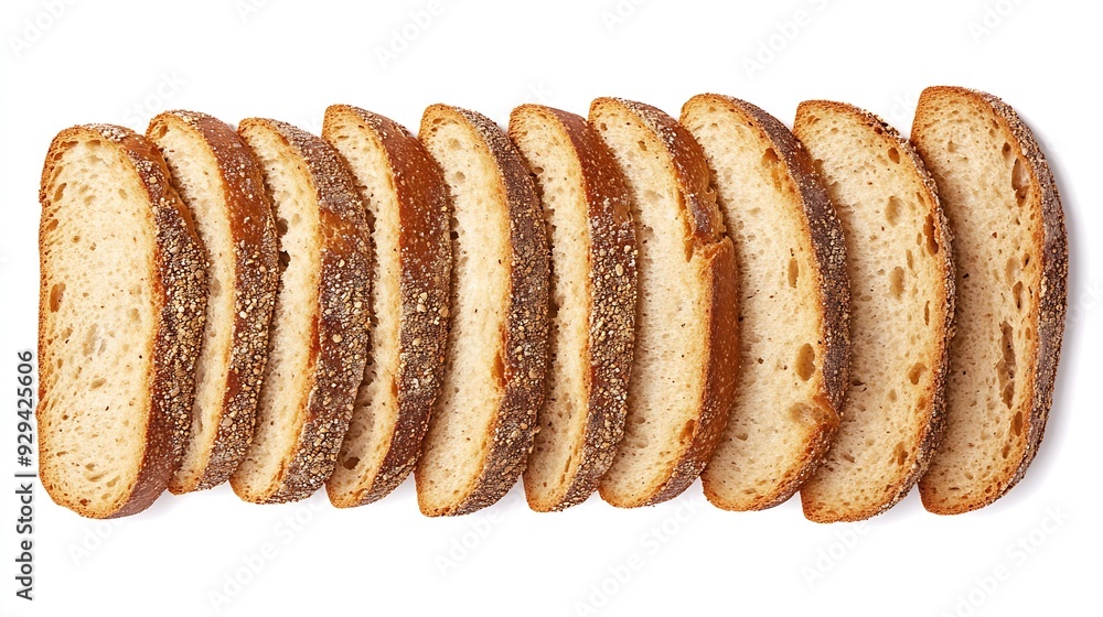 Poster top view slices baguette multigrain bread line up in a row isolated on white background : generative