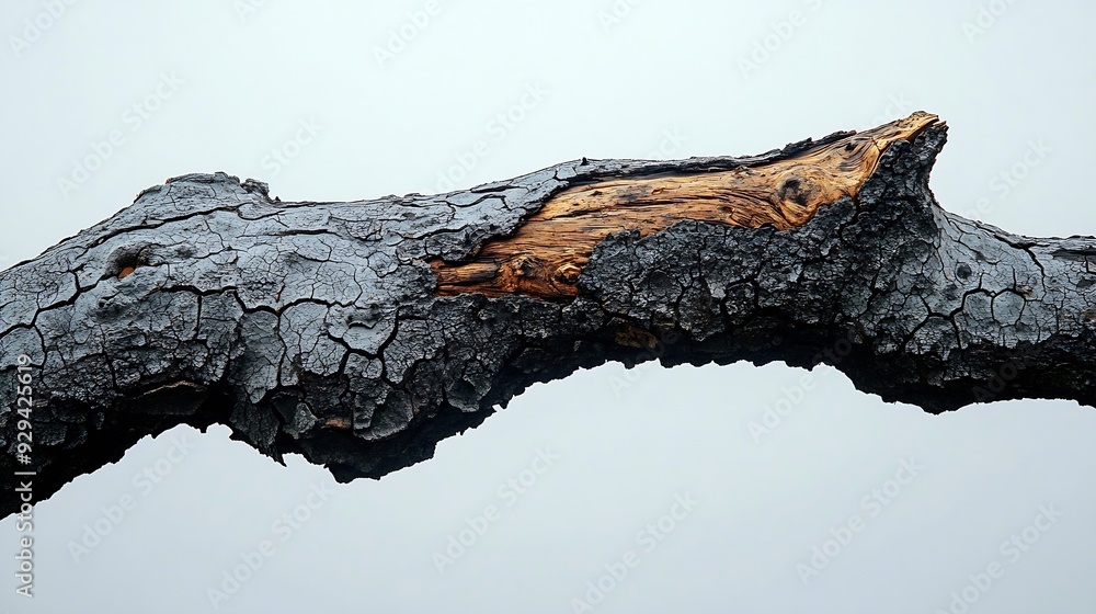 Poster dry branch of big dead tree with cracked dark bark stem beautiful old tree isolated on white backgro