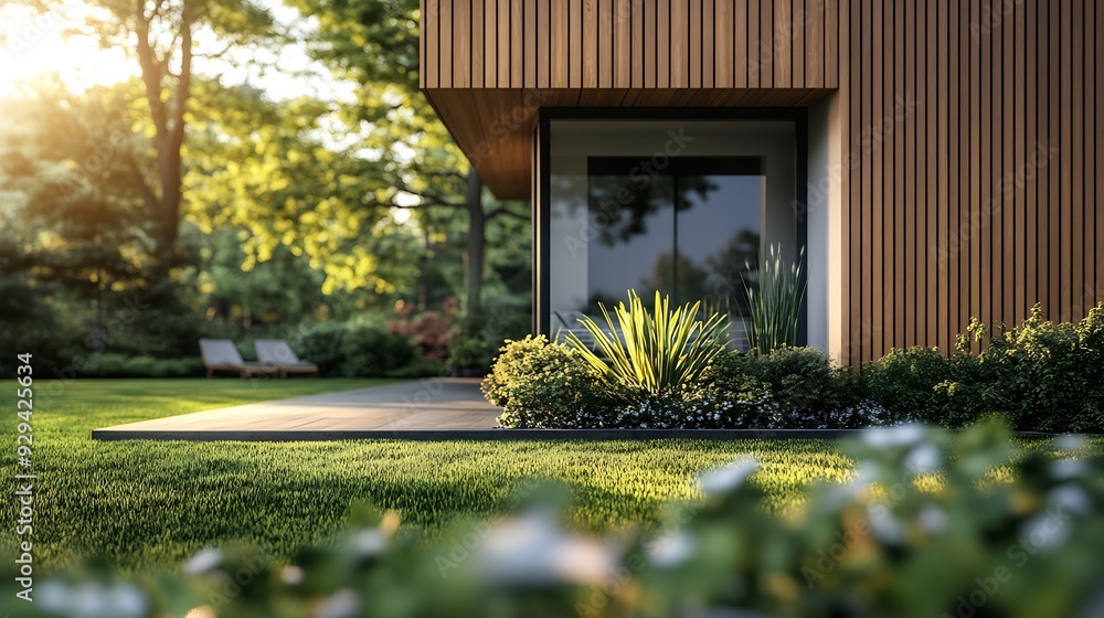 Poster modern house with wooden cladding panoramic window garden : generative ai