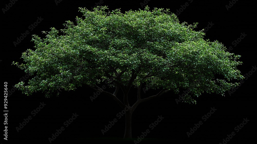 Poster Single green tree isolated on white background with clipping path and alpha channel on black background : Generative AI