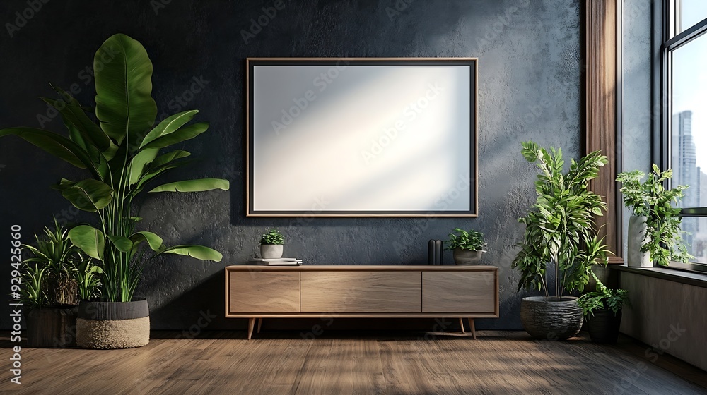 Poster mockup frame on cabinet in living room interior on empty dark wall background3d rendering : generati