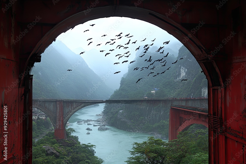Poster breathtaking view of a river and bridge framed by an arch with birds soaring overhead in a misty lan