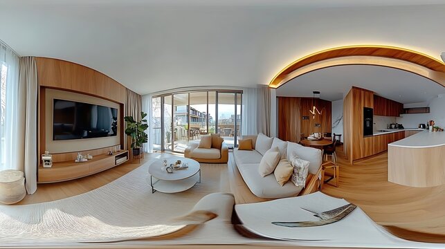 full seamless hdri 360 panorama in interior of guest living room hall with kitchen in studio apartment with table sofa and tv in equirectangular spherical projection VR content : Generative AI