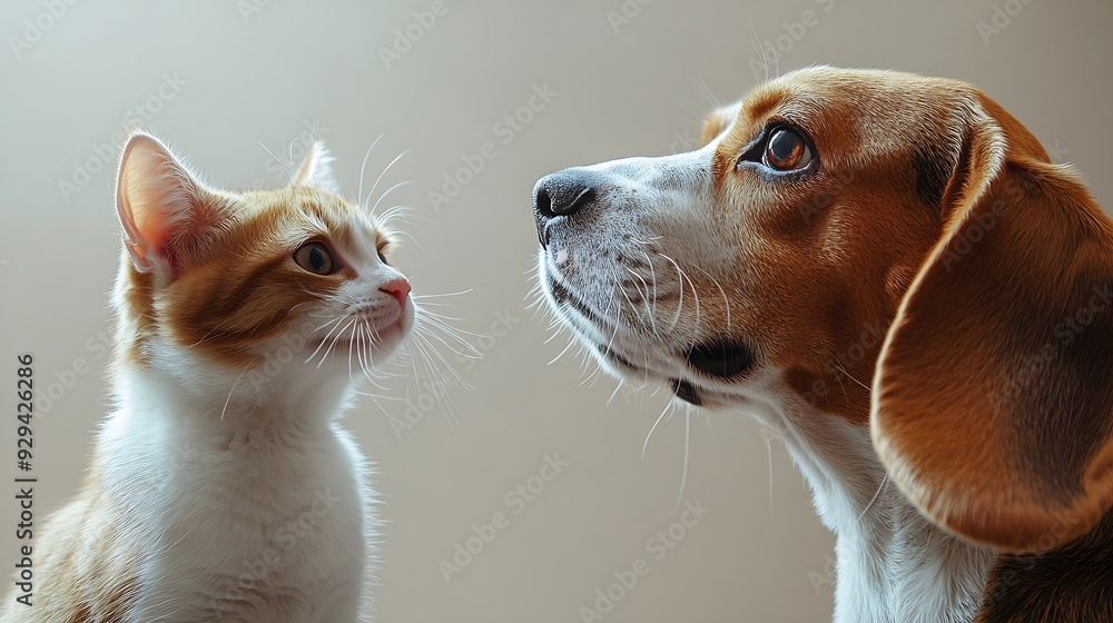 Poster curious beagle dog and cat scottish straight looking up side view isolated on white background : gen