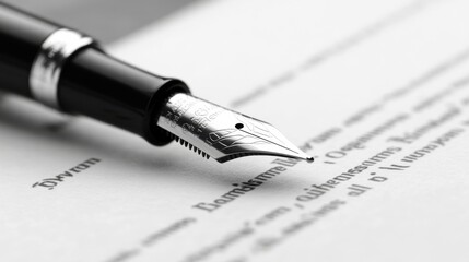 Fototapeta premium Classic Black And White Close-Up Of A Fountain Pen'S Nib On Crisp Paper, Epitomizing Precision And Elegance.