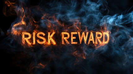 Fiery 'Risk Reward' Typography, Engulfed In Flames With Smoke, Blazing In Dramatic Style, Powerful Aesthetic.